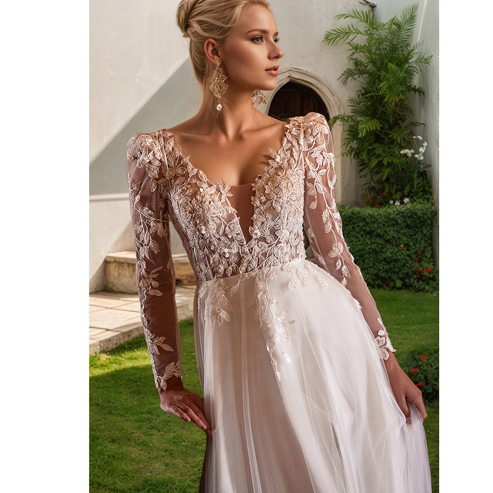 Long Sleeves V Neck Split A Line Wedding Dress Bridal Gown Sweep Train Backless Bride Dresses