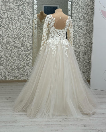 Abiti da sposa corsetto da donna champagne Abiti da sposa da spiaggia a maniche lunghe con lacci sul retro