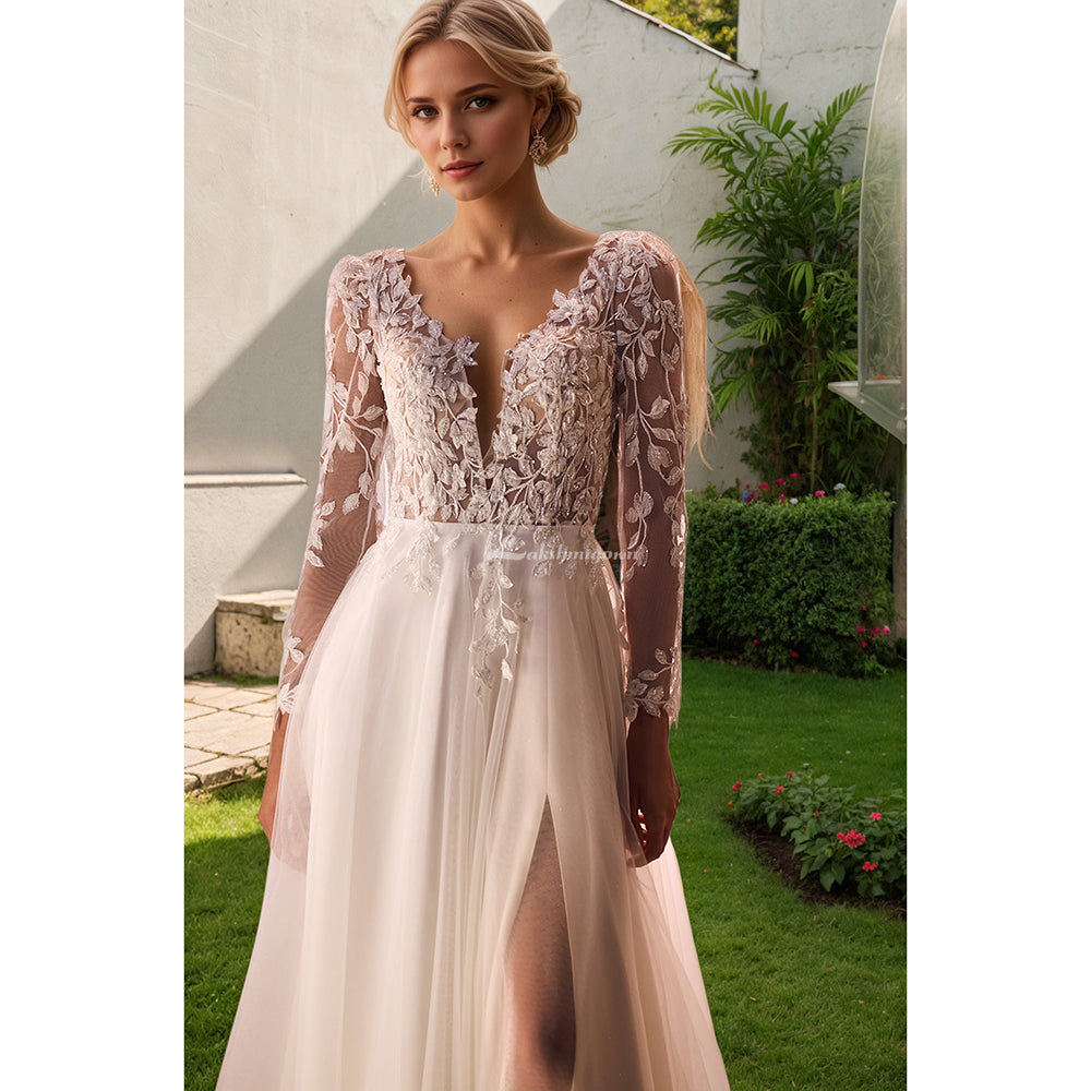 Long Sleeves V Neck Split A Line Wedding Dress Bridal Gown Sweep Train Backless Bride Dresses