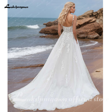Spaghetti Straps Appliques Wedding Dresses A-line Lace Sweep Train Bridal Gown