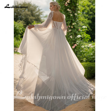 Chiffon V-Neck Wedding Dress for Brides Long Sleeves Wedding Gown