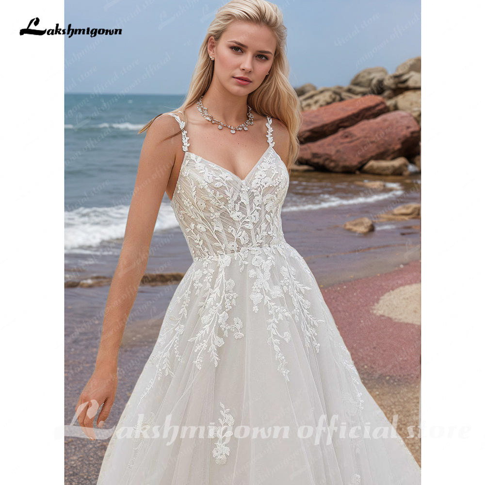 Spaghetti Straps Appliques Wedding Dresses A-line Lace Sweep Train Bridal Gown