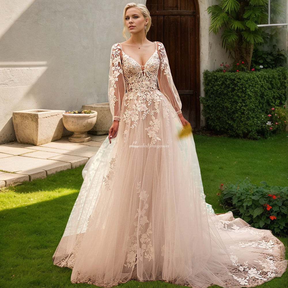 V Neck Tulle Wedding Dress with Detachable Sleeve Lace Applique Backless Elegant Bride Dress