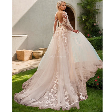 V Neck Tulle Wedding Dress with Detachable Sleeve Lace Applique Backless Elegant Bride Dress