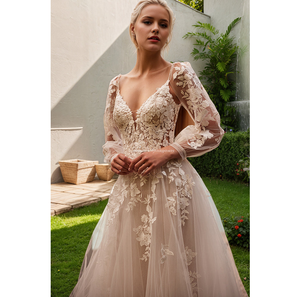 V Neck Tulle Wedding Dress with Detachable Sleeve Lace Applique Backless Elegant Bride Dress