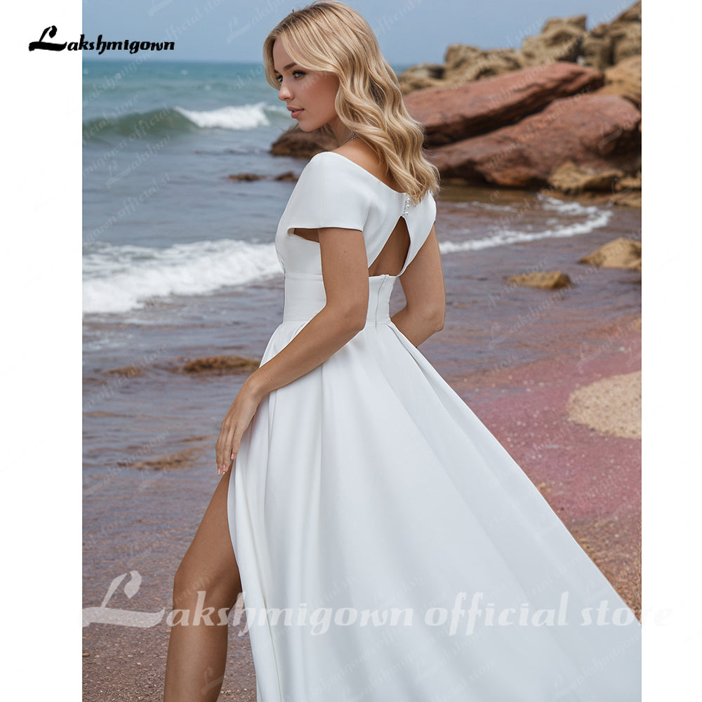 A Line Satin Wedding Dresses Women's Summer Dress High Slit Bridal Gowns