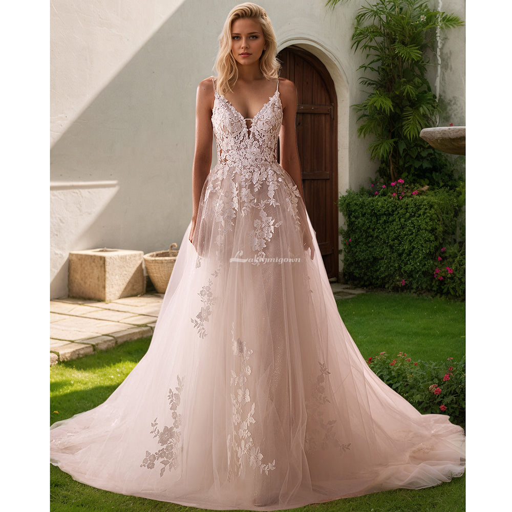 V Neck Tulle Wedding Dress with Detachable Sleeve Lace Applique Backless Elegant Bride Dress