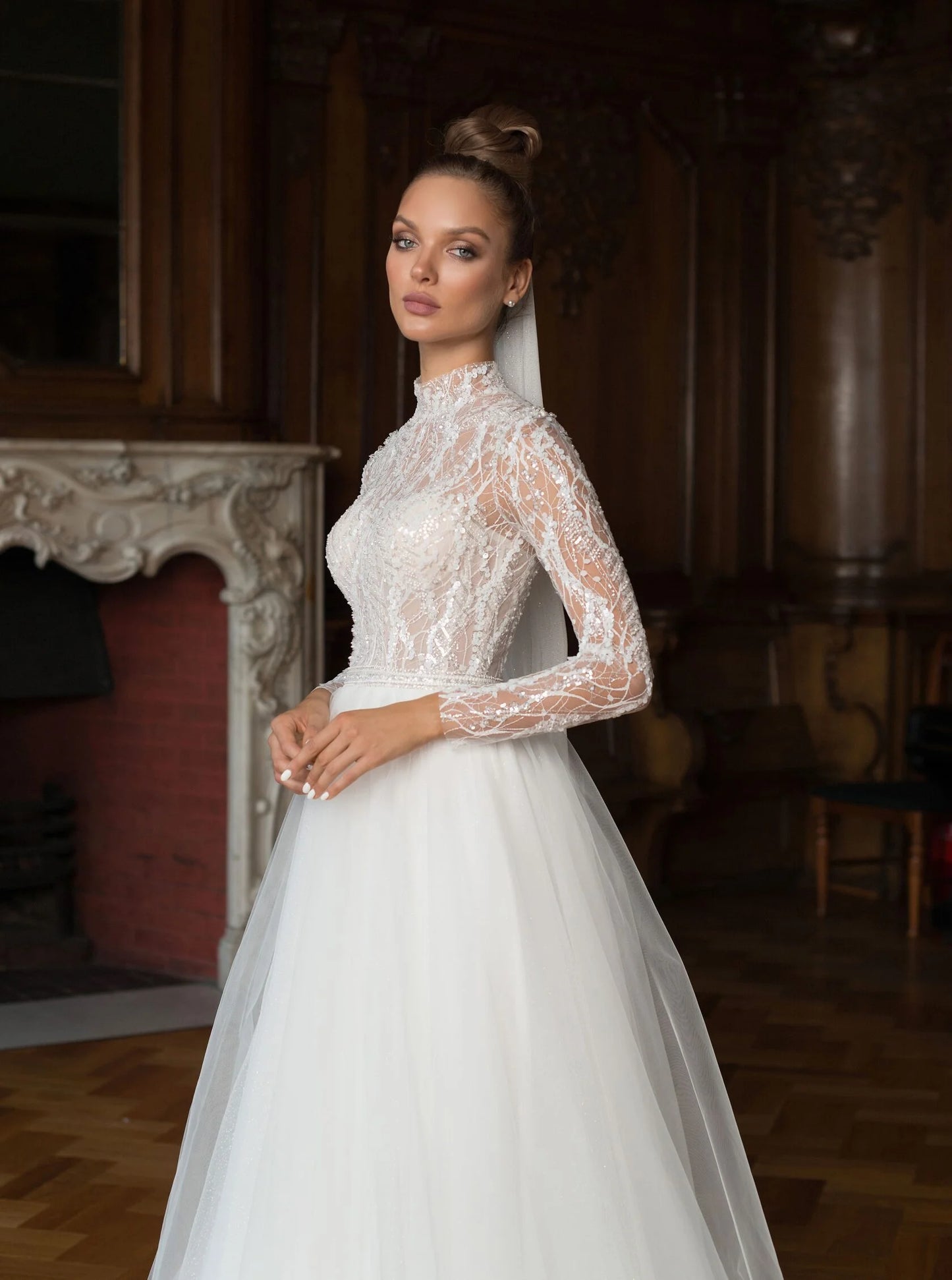 A-Line High Neck Long Sleeves Tulle Beaded Sequins Wedding Dress with Train