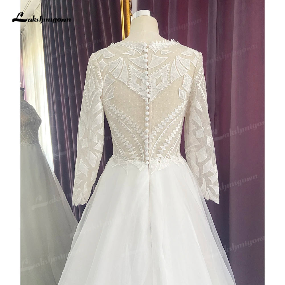 Unique Lace Organza Boho Wedding Dress with Long Sleeve