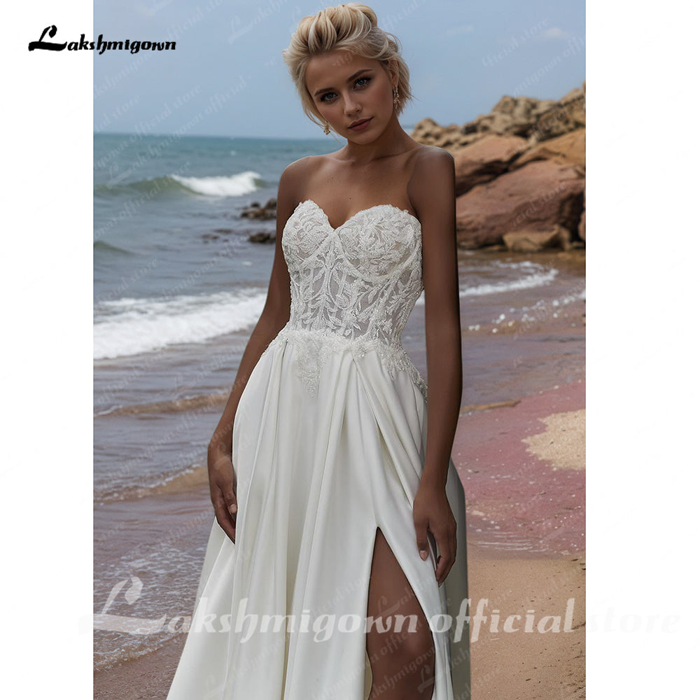 Sexy Side Split Satin Wedding Gowns 2025 Women Beach Bridal Dresses