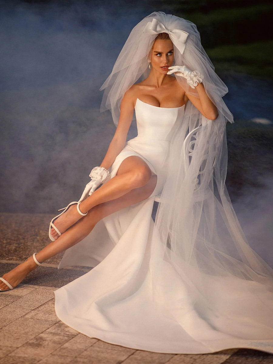 A-Line Strapless High Slit Sleek Satin Simple Wedding Dress with Train