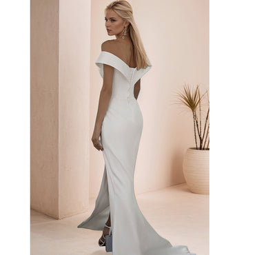 オフショルダー プリーツ サテン ウェディング ドレス セクシーなハイ スリット サイド 花嫁ドレス