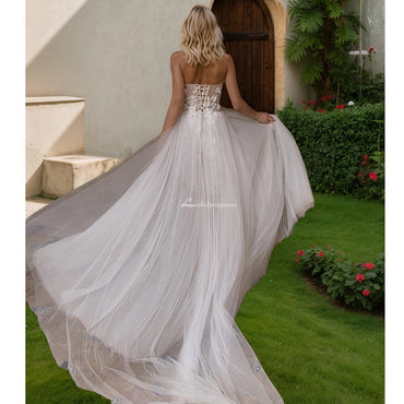 取り外し可能なトレーン付きオフショルダーミニウェディングドレス