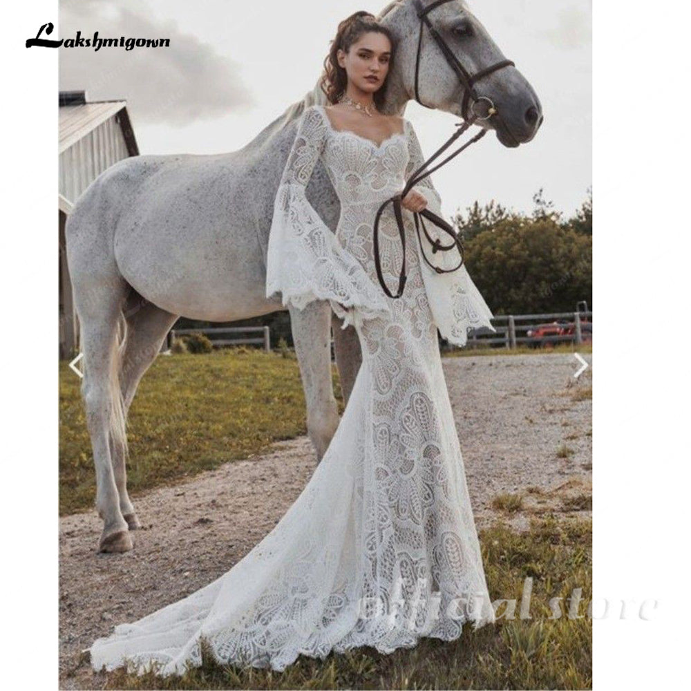 Bohemian Sweetheart Mermaid Wedding Dress with Bell Sleeve