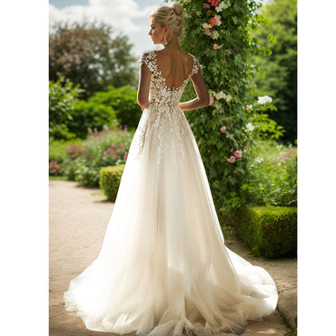 Modern Wedding Dresses A-line Cap Sleeveless Button O-neck Wedding Gown