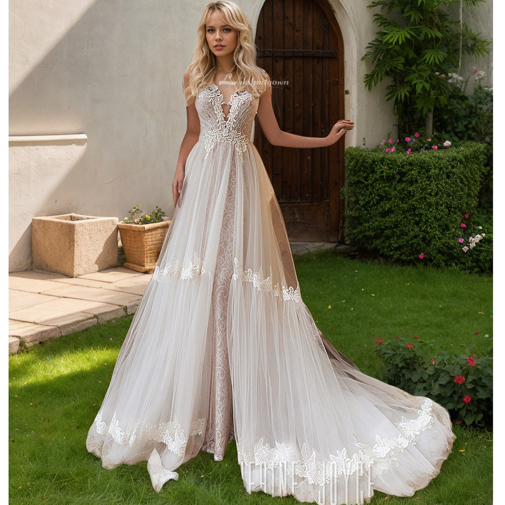 Tiered Tulle A Line Wedding Dress Lace V Neck Boho Beach Open Back Bridal Gown