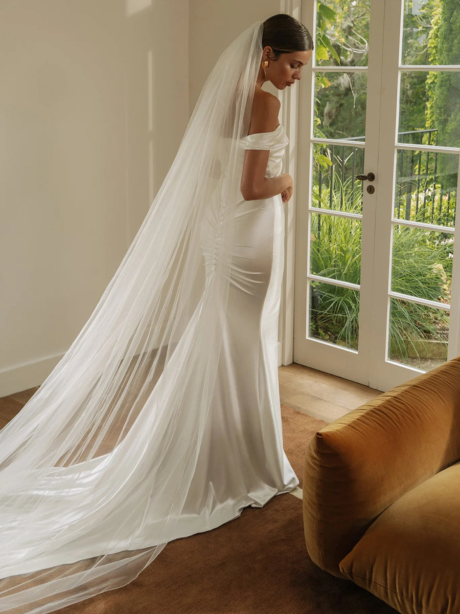 Off-Shoulder Sleek Satin Elegant Mermaid Wedding Dress with Train