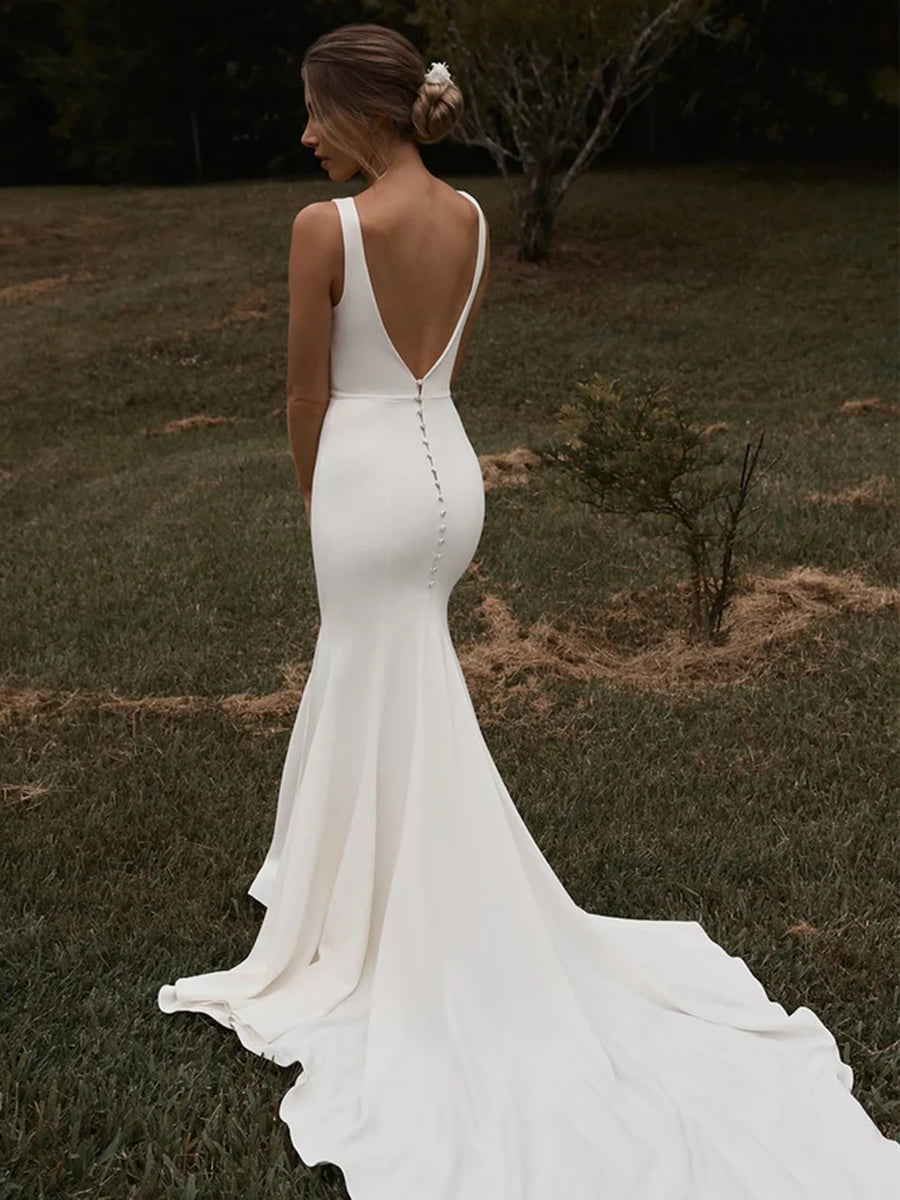 Deep V-Neck Sleeveless Low-V Back Mermaid Wedding Dress with Slit and Train