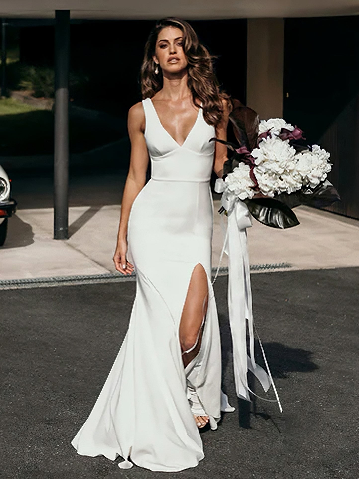 Deep V-Neck Sleeveless Low-V Back Mermaid Wedding Dress with Slit and Train