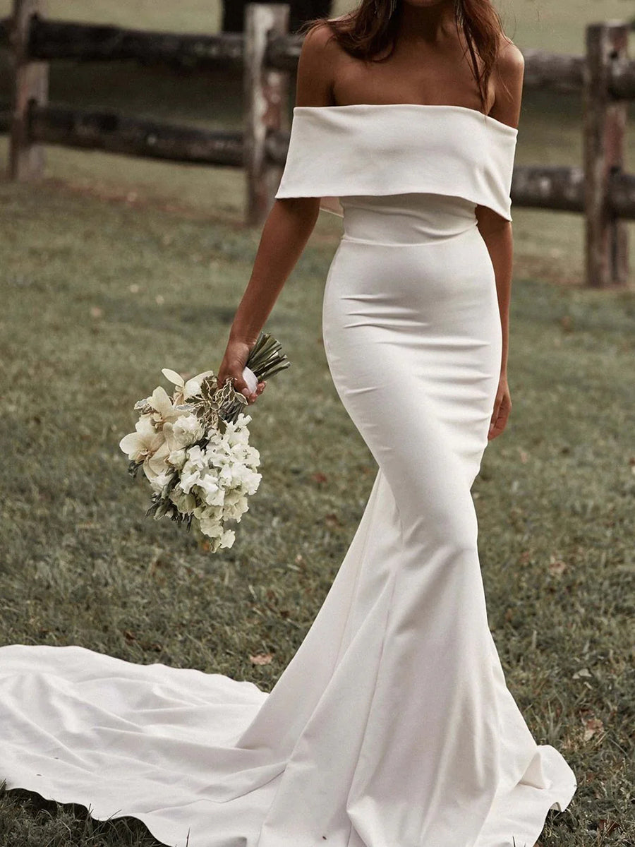 Off-Shoulder Sleek Satin Elegant Wedding Dress with Train