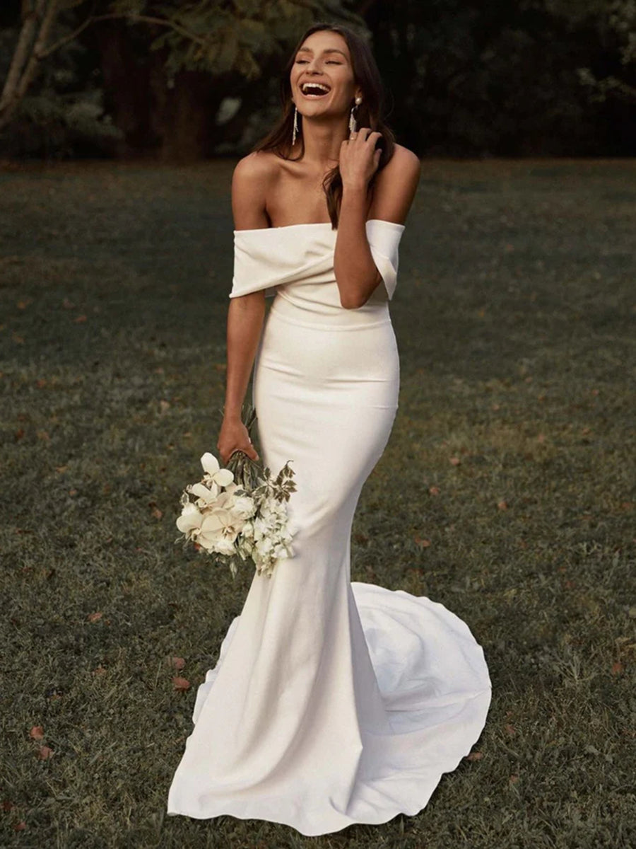 Off-Shoulder Sleek Satin Elegant Wedding Dress with Train