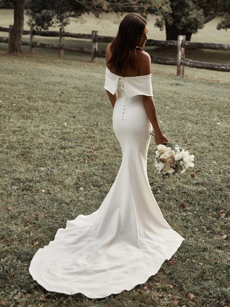 Off-Shoulder Sleek Satin Elegant Wedding Dress with Train