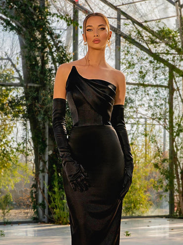 Sheath Strapless Draped Sleek Satin Party Evening Prom Dress