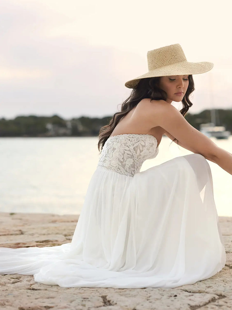 A-Line Off-Shoulder Sweetheart Lace Chiffon Wedding Dress with Train