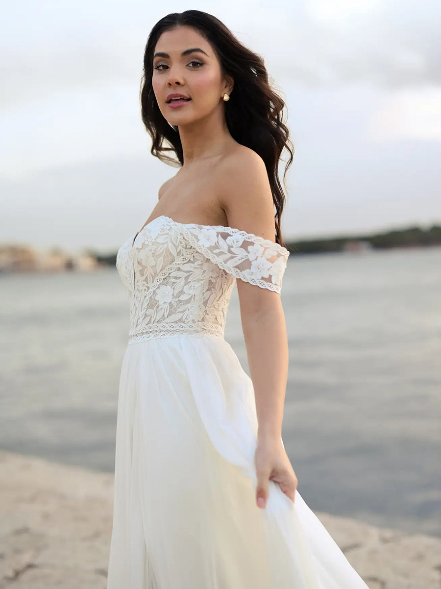 A-Line Off-Shoulder Sweetheart Lace Chiffon Wedding Dress with Train