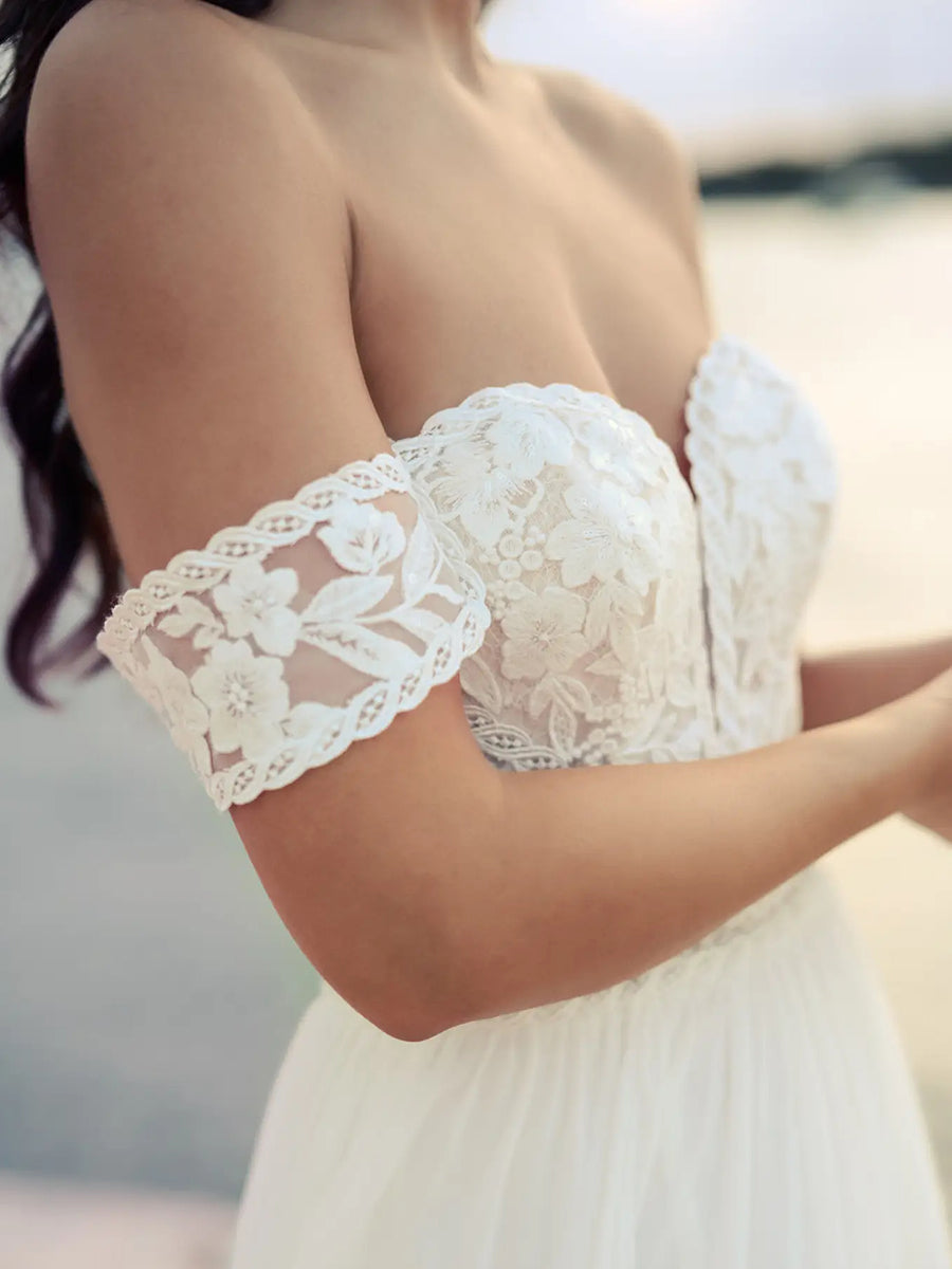 A-Line Off-Shoulder Sweetheart Lace Chiffon Wedding Dress with Train