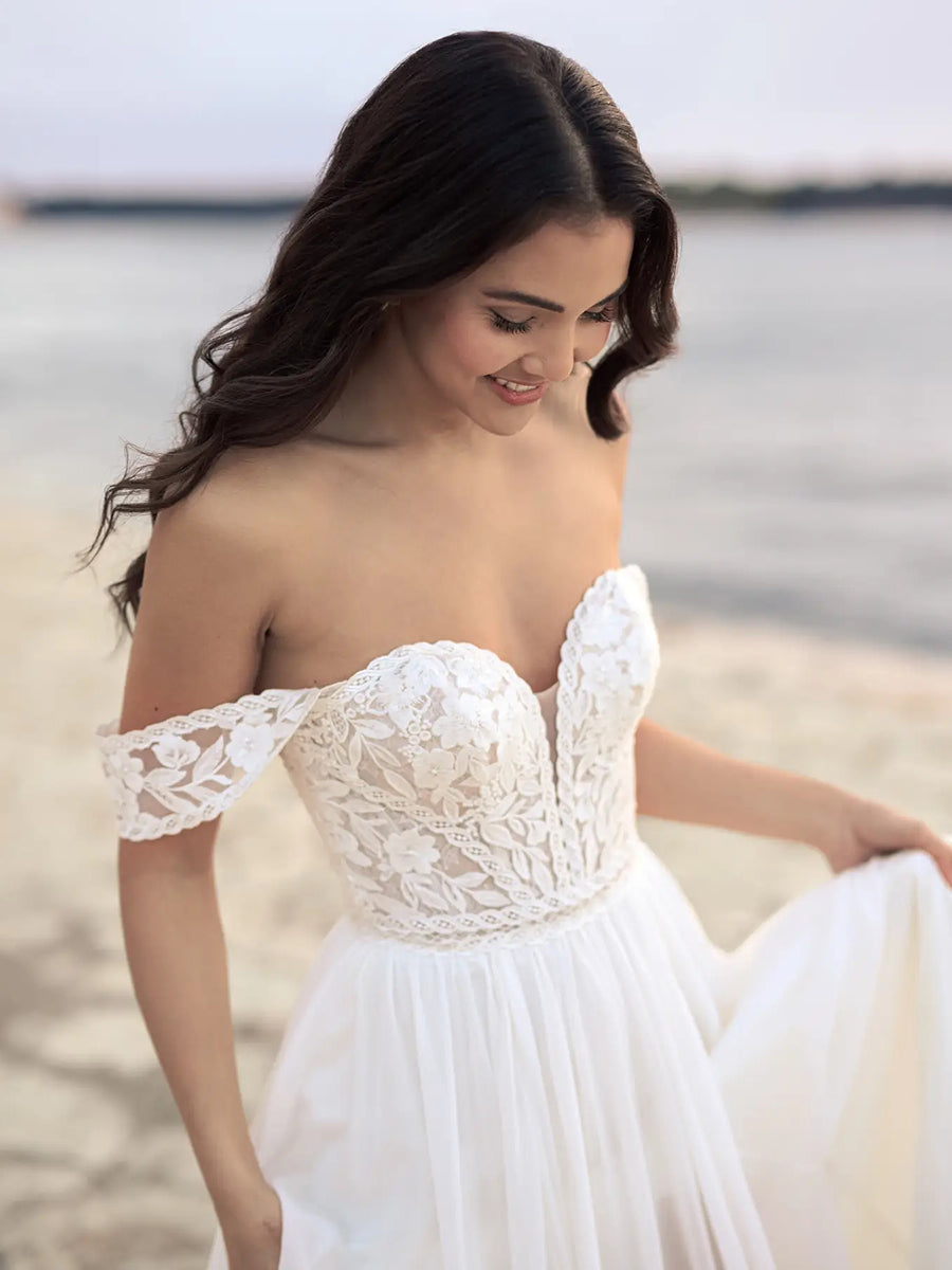 A-Line Off-Shoulder Sweetheart Lace Chiffon Wedding Dress with Train