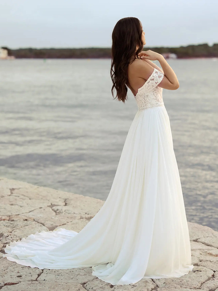 A-Line Off-Shoulder Sweetheart Lace Chiffon Wedding Dress with Train