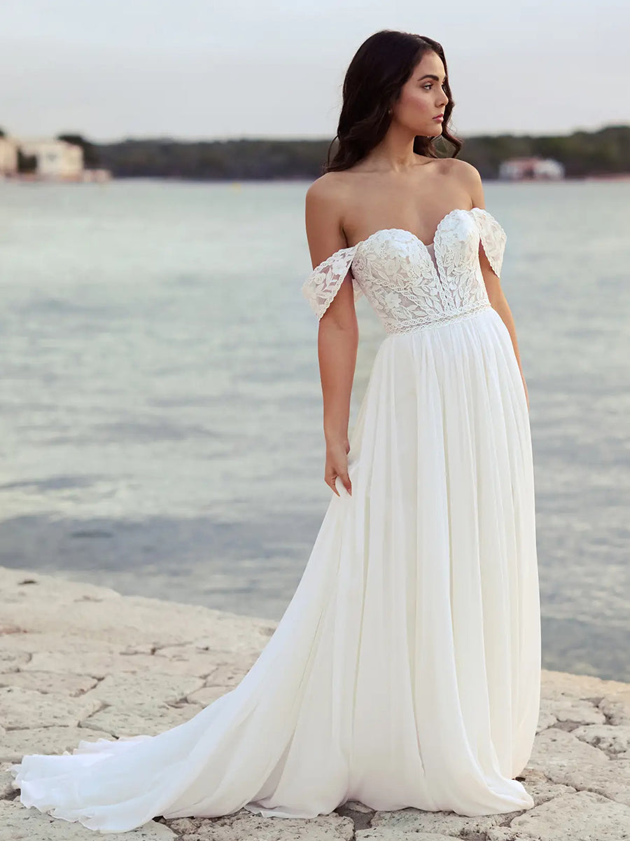 A-Line Off-Shoulder Sweetheart Lace Chiffon Wedding Dress with Train