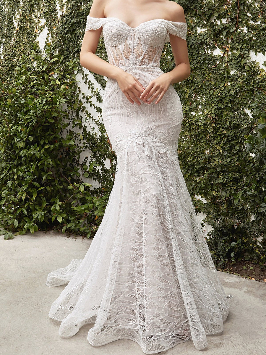 Off-Shoulder Sweetheart Full Lace Mermaid Wedding Dress with Train