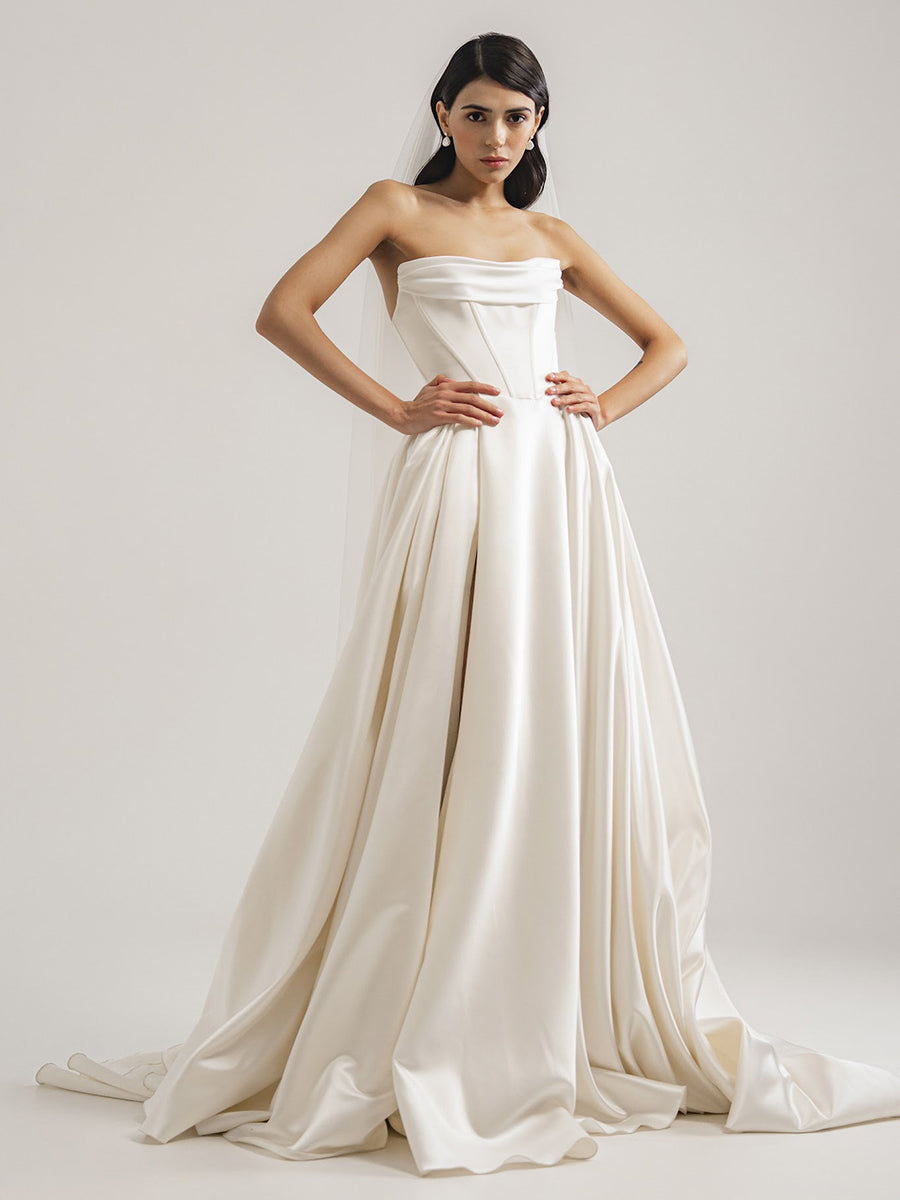 A-Line Strapless Sleek Satin High Slit Wedding Dress with Train