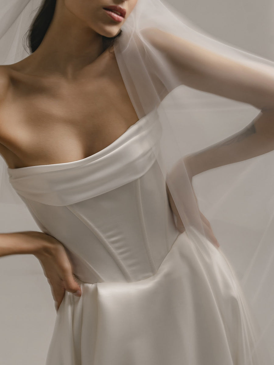 A-Line Strapless Sleek Satin High Slit Wedding Dress with Train