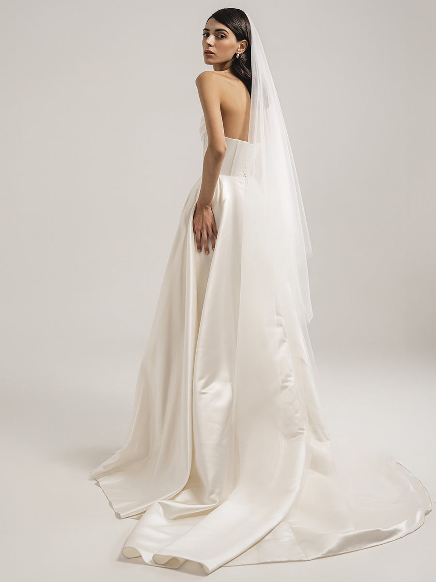 A-Line Strapless Sleek Satin High Slit Wedding Dress with Train