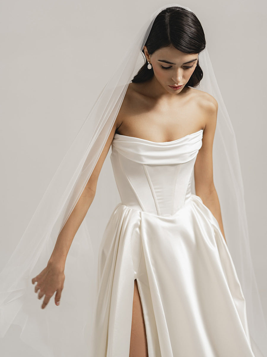 A-Line Strapless Sleek Satin High Slit Wedding Dress with Train