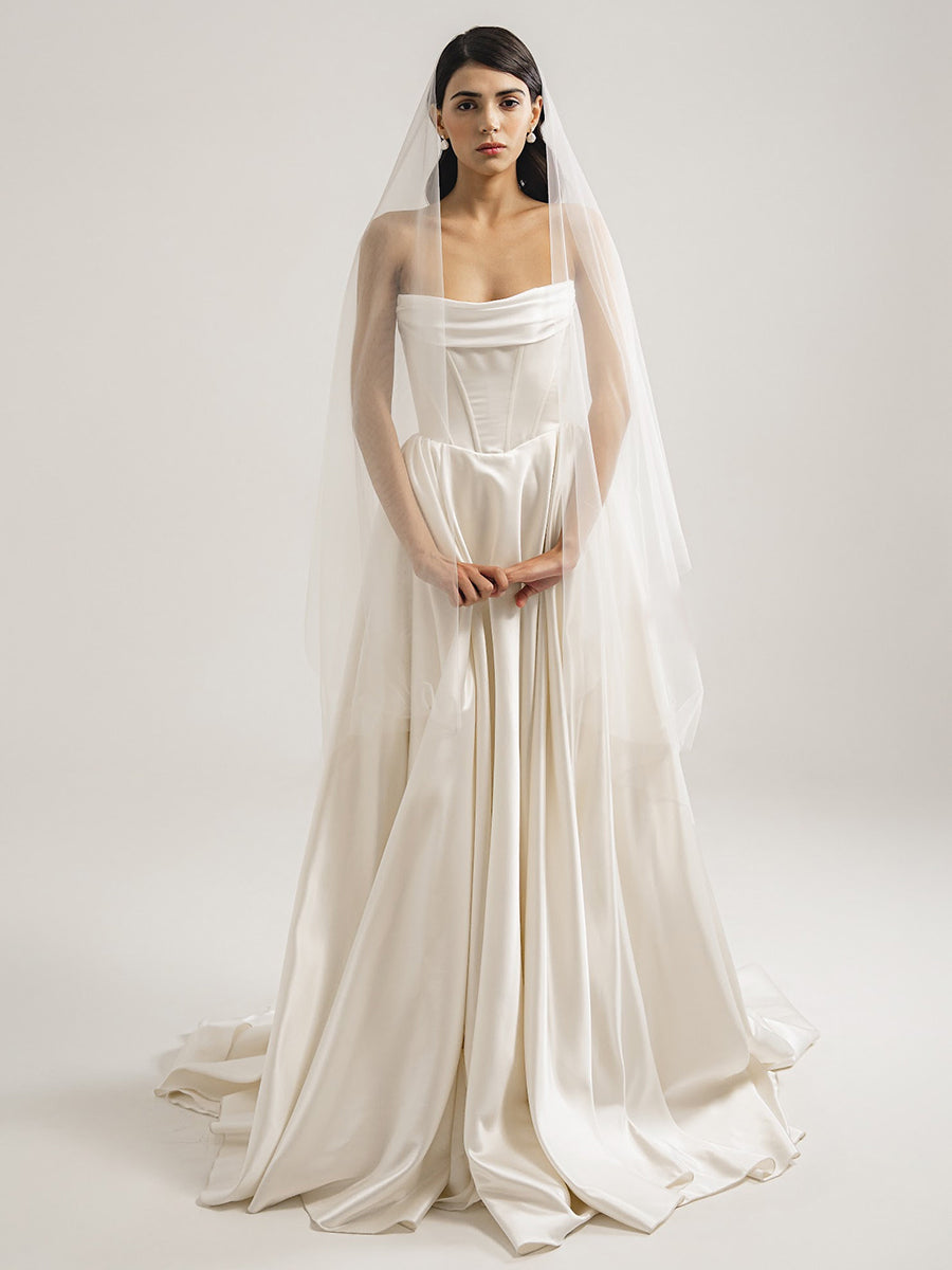 A-Line Strapless Sleek Satin High Slit Wedding Dress with Train