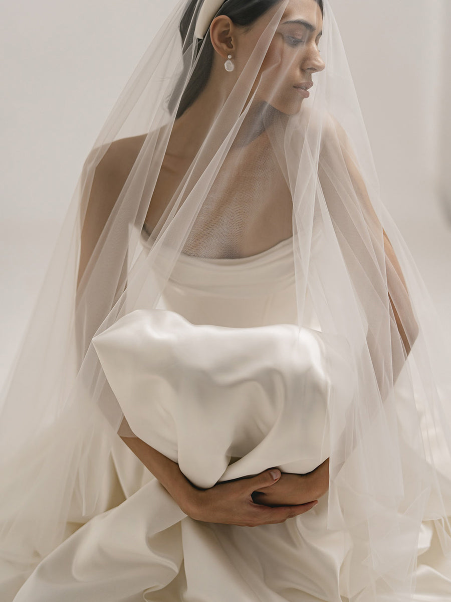 A-Line Strapless Sleek Satin High Slit Wedding Dress with Train