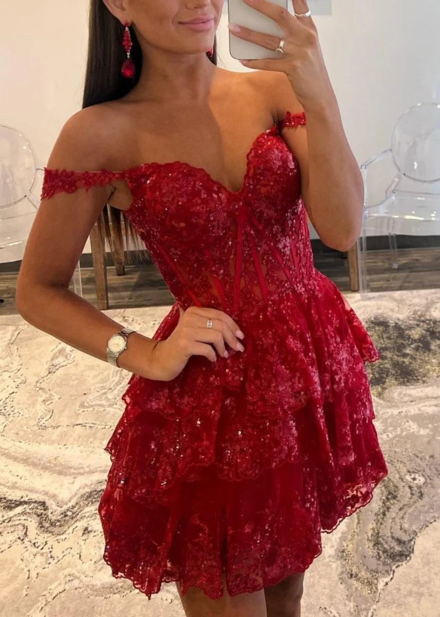 Burgundy - A-Line Sweetheart Tiered Short Homecoming Dress HCM0123
