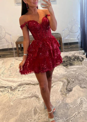 Burgundy - A-Line Sweetheart Tiered Short Homecoming Dress HCM0123