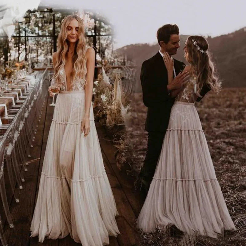 Boho Hippie Wedding Dress V Neck Country Tulle Beach Wedding Party Gowns