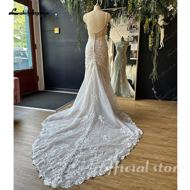 Luxury Beads Lace Mermaid Wedding Dress Square Neck Boho Beach Bridal Gown