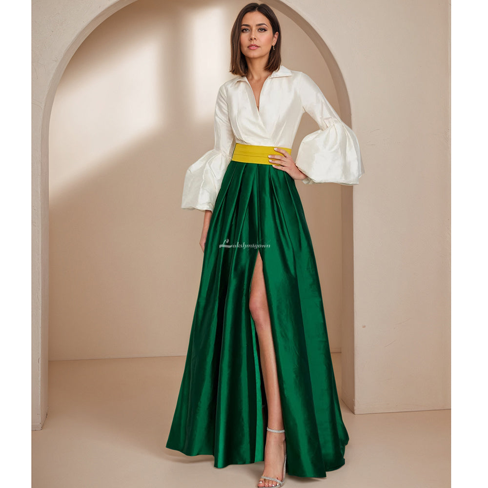 Sexy Side Slit A-Line Evening Dress with Long Sleeves Floor Length Women Formal Party Gown