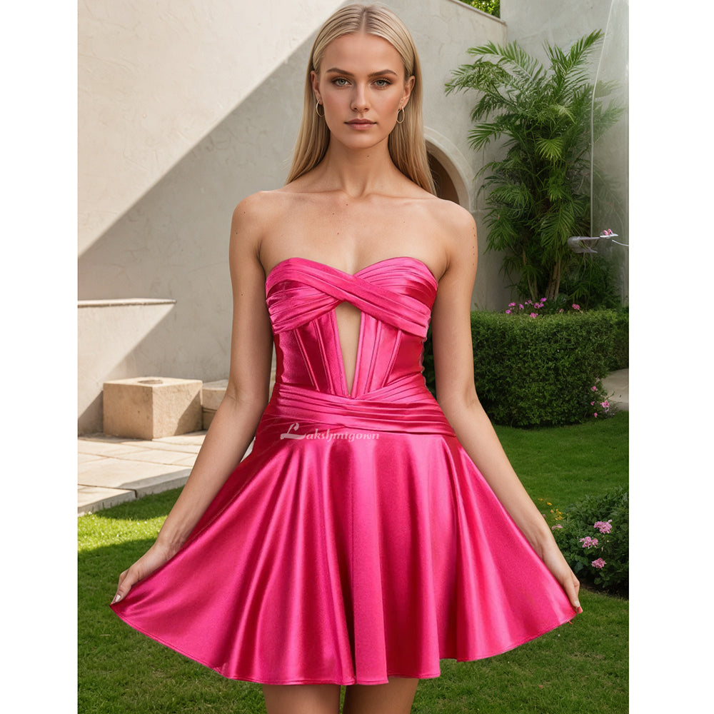 A-line Strapless Fuchsia Pleated Homecoming Dress with Keyhole HCM0112