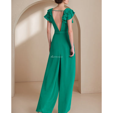 フリル付きロンググリーンジャンプスーツイブニングドレス