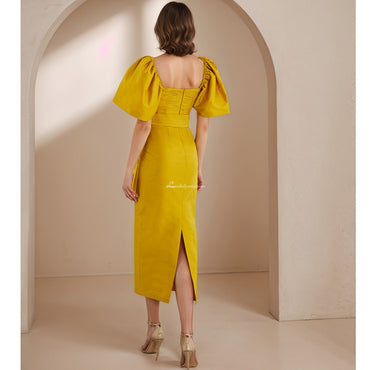 Gold Satin Tea Length Prom Dress with Puffy Sleeves