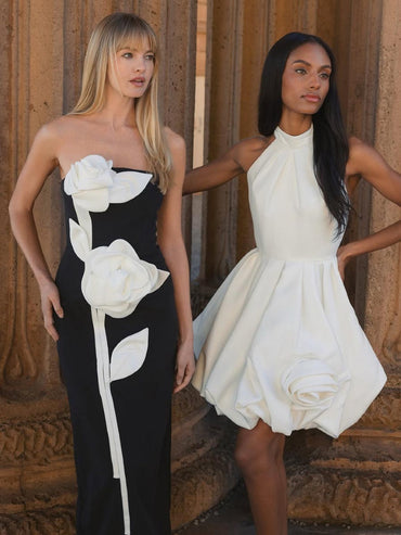 Strapless 3D Flower Sleek Satin Party Evening Prom Dress