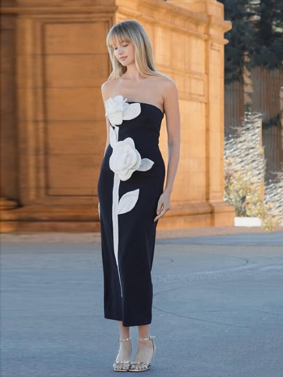 ストラップレス 3D フラワー 洗練された サテン パーティー イブニング プロム ドレス